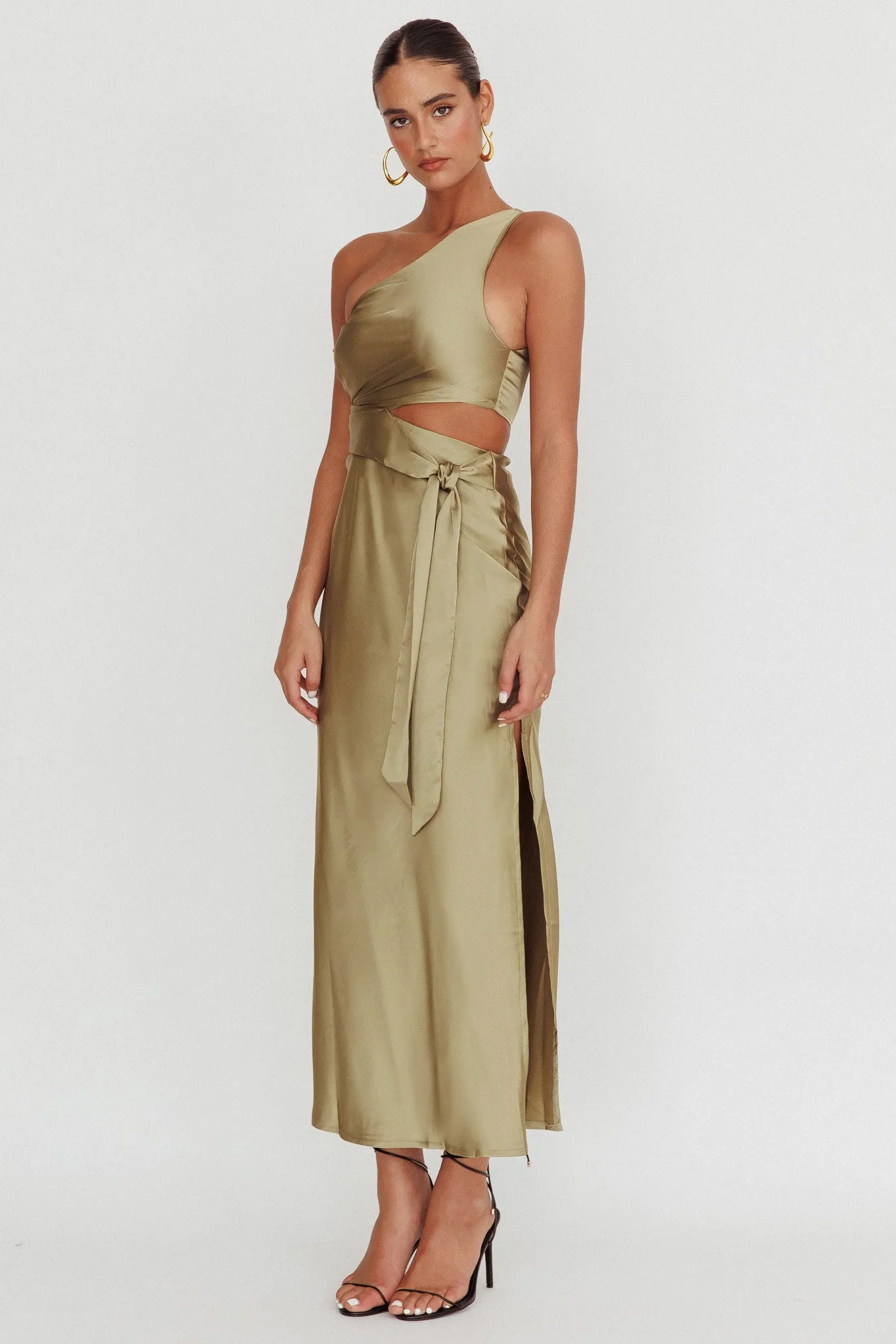 Abloom One Shoulder Satin Maxi Dress Khaki