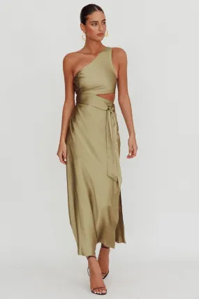 Abloom One Shoulder Satin Maxi Dress Khaki