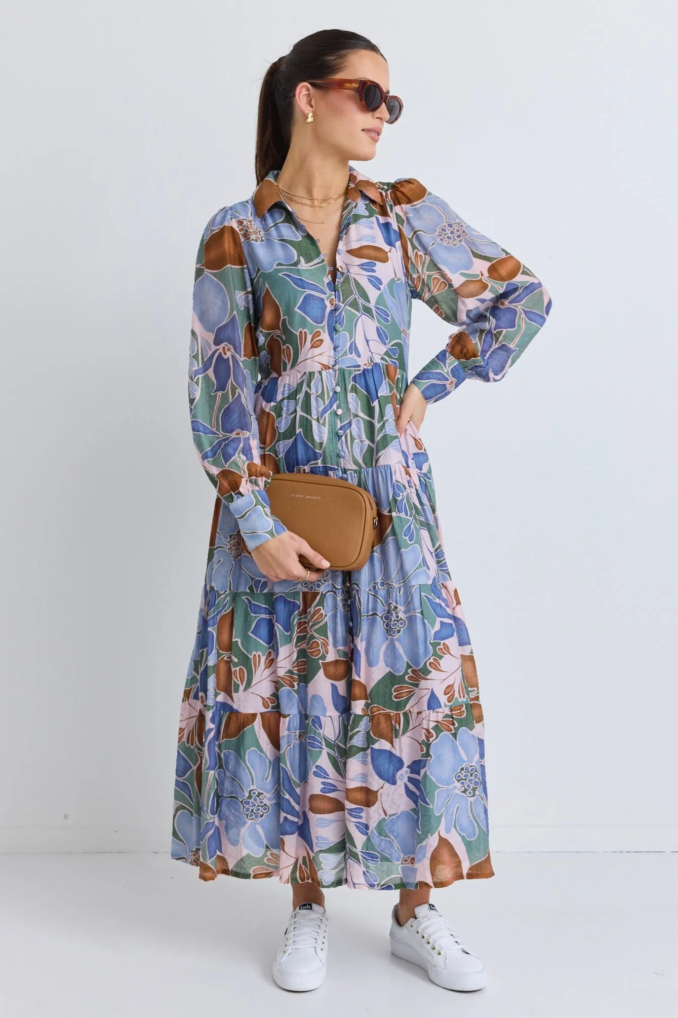 Adair Khaki Floral Long Sleeve Tiered Shirt Style Maxi Dress