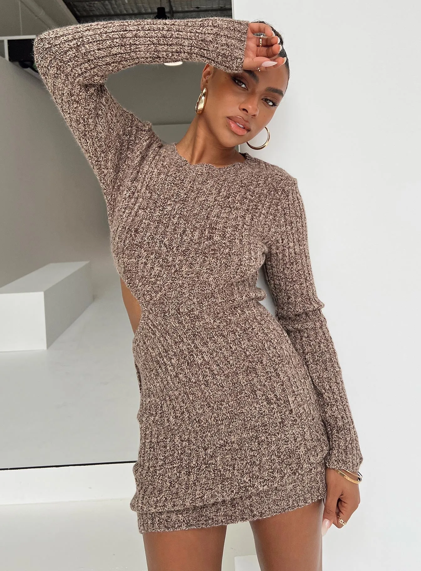 Agena Long Sleeve Mini Dress Brown