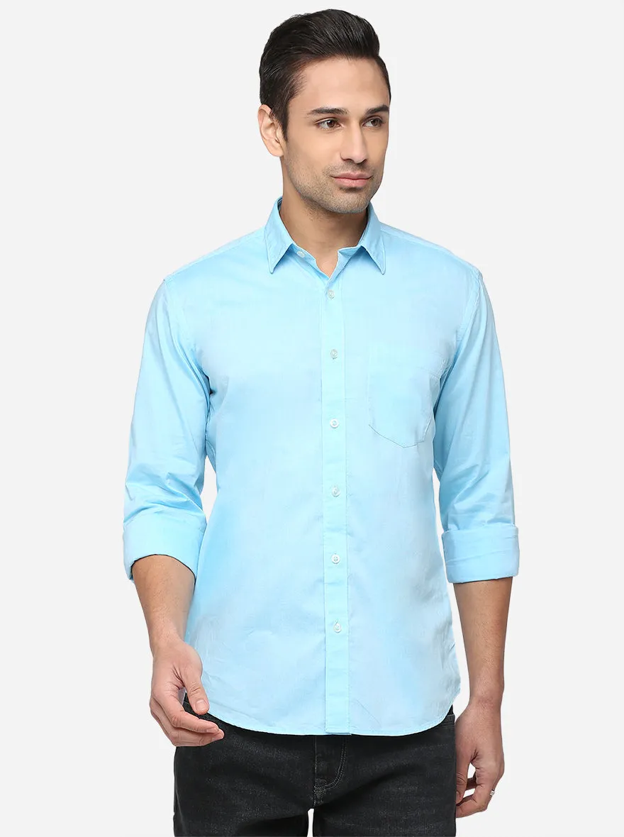 Aqua Blue Solid Slim Fit Casual Shirt | JadeBlue