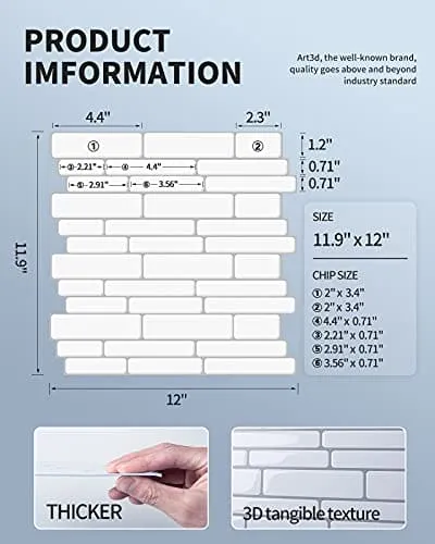 Art3d Thickened Peel and Stick Backsplash Tile Oblong in White, 10 Sheets 12x12in.