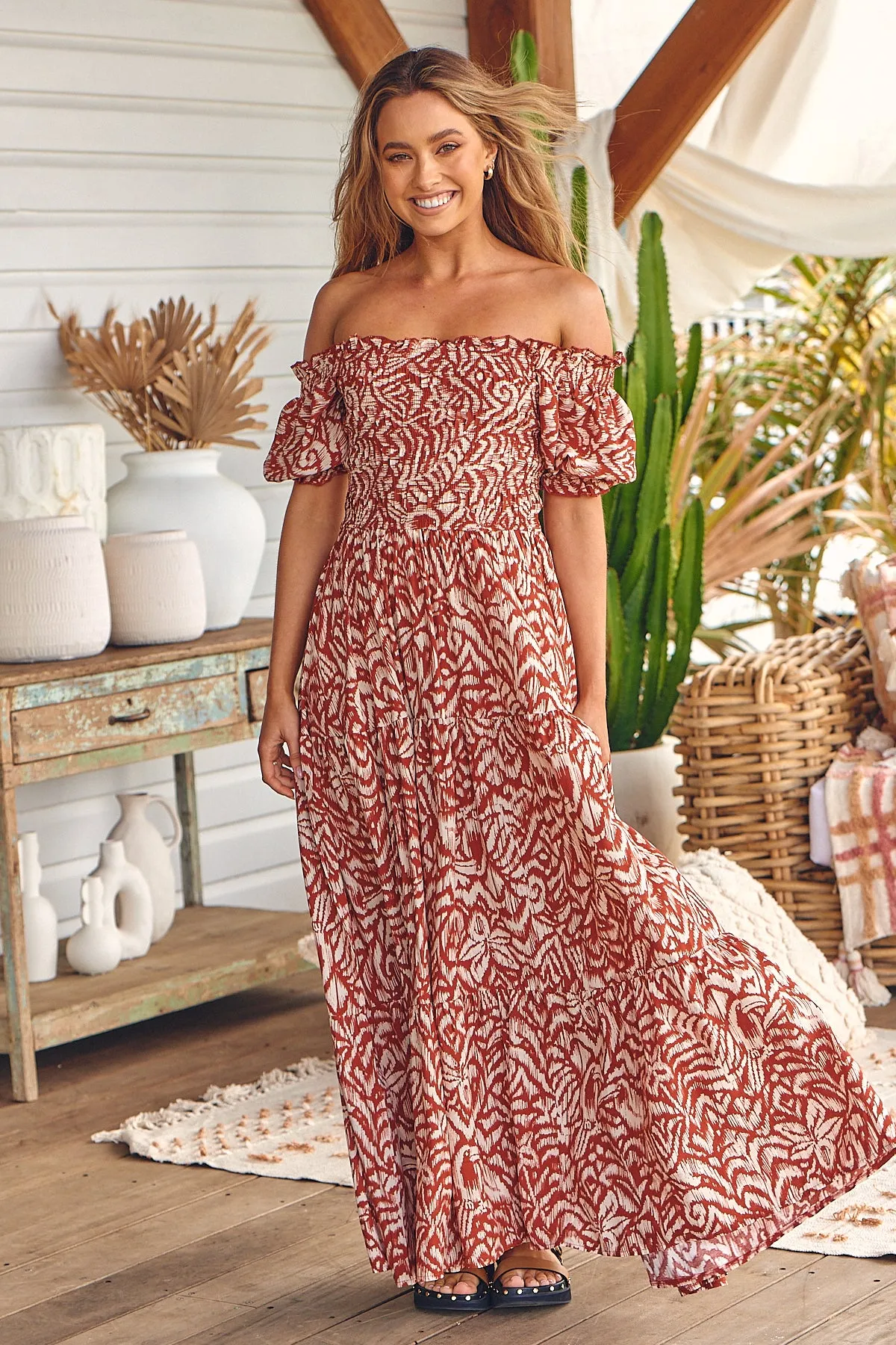 Audra Shirred Maxi Dress - Cherry/Brown