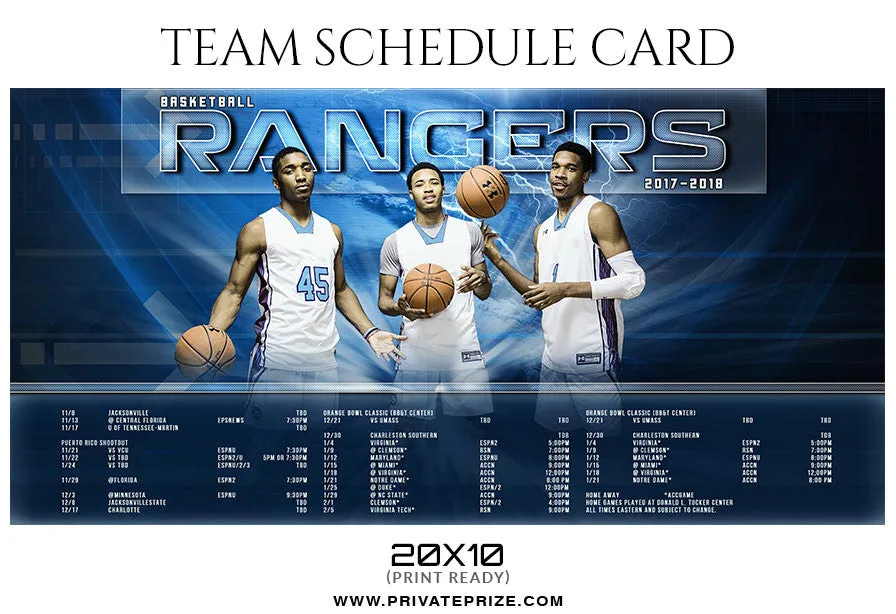 BASKETBALL RANGERS - SPORTS SCHEDULE CARD