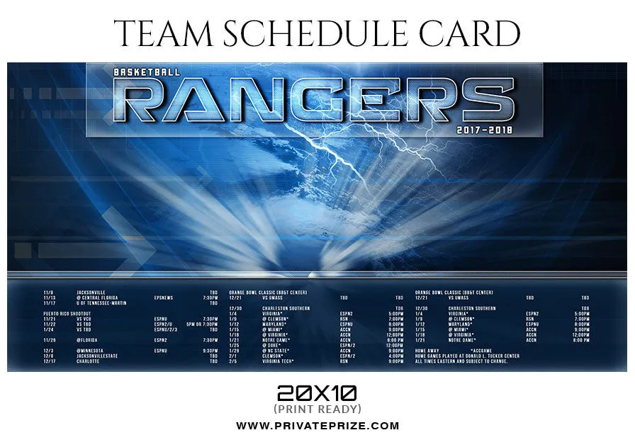 BASKETBALL RANGERS - SPORTS SCHEDULE CARD