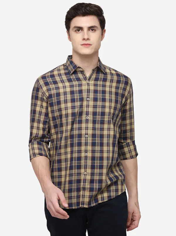 Beige & Blue Tailored Fit Checked Casual Shirt | JadeBlue