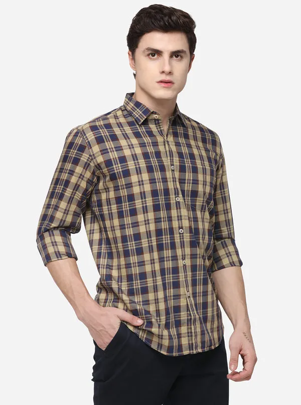 Beige & Blue Tailored Fit Checked Casual Shirt | JadeBlue