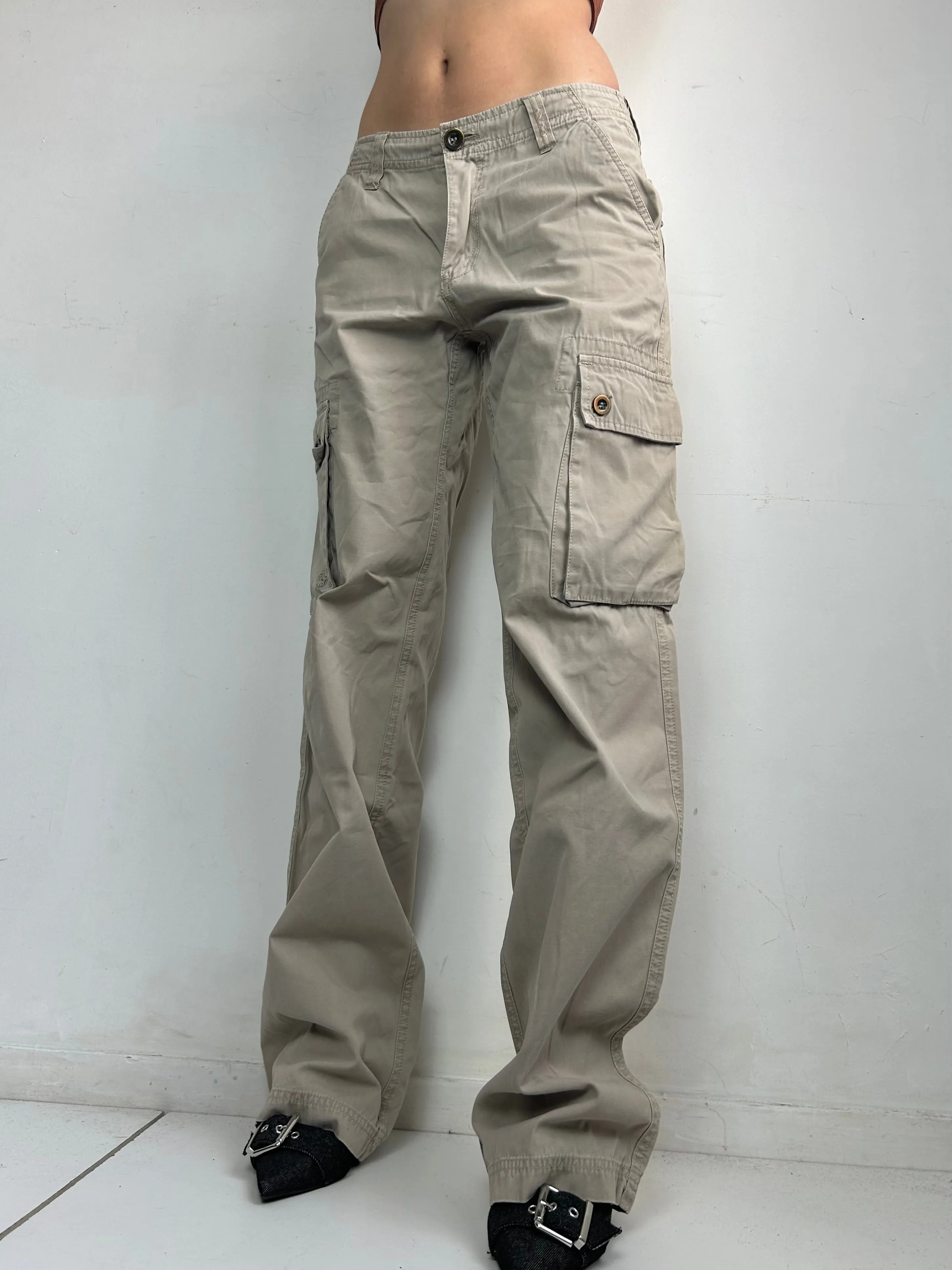 Beige cargo cotton low waist baggy pants (L)