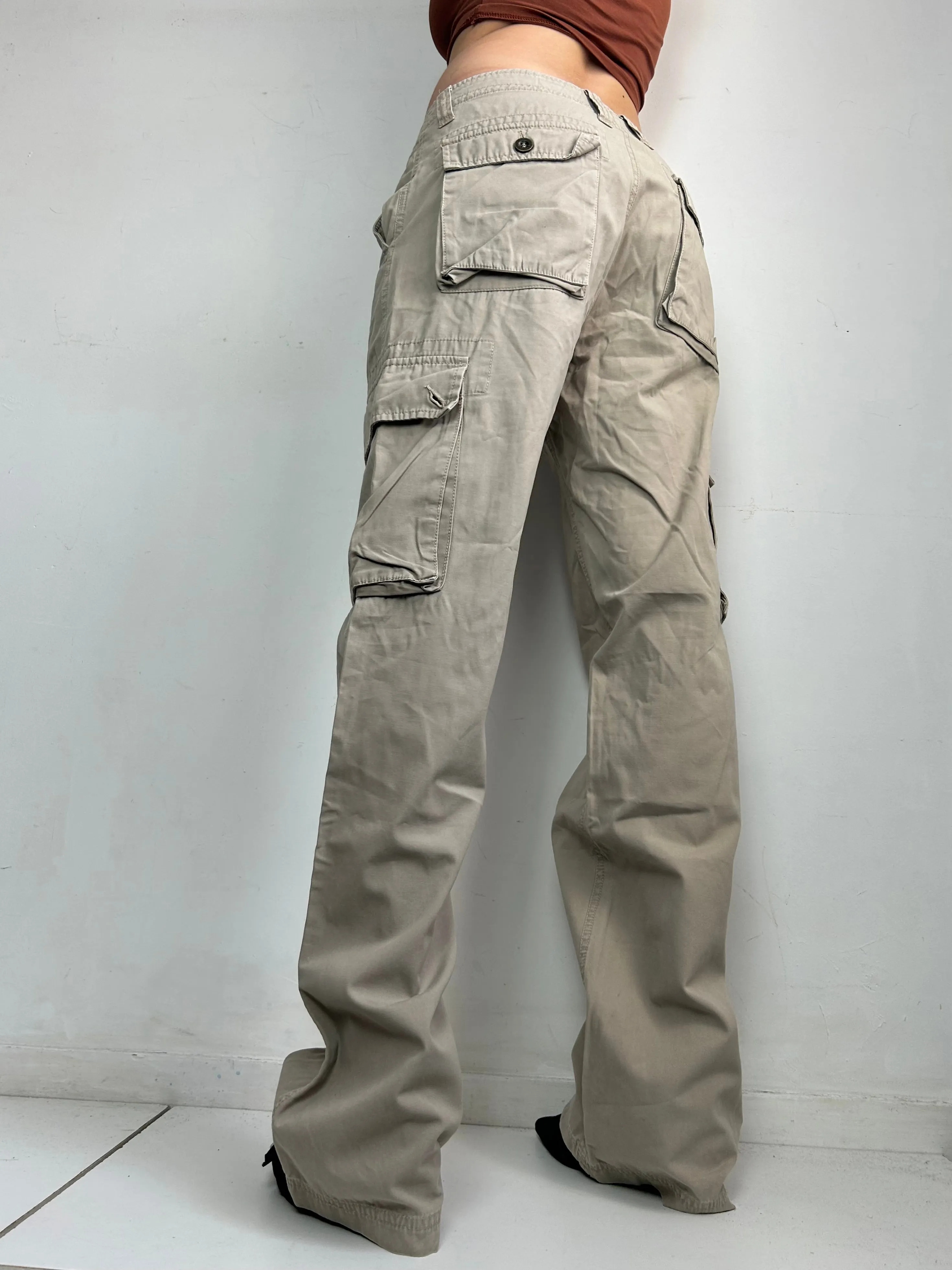 Beige cargo cotton low waist baggy pants (L)