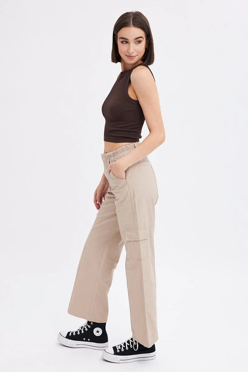 Beige Cargo Pants Mid Rise