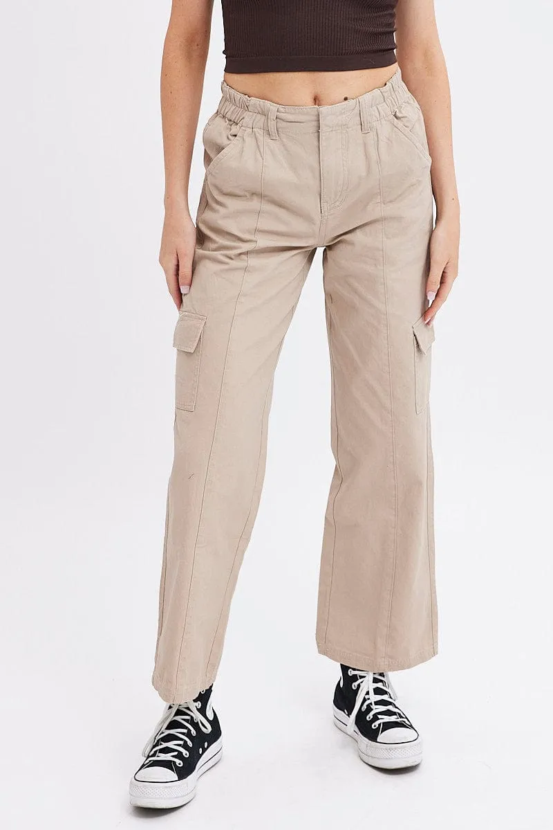 Beige Cargo Pants Mid Rise