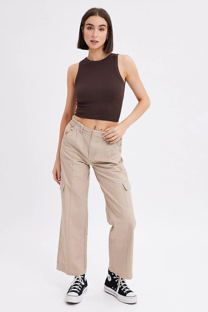 Beige Cargo Pants Mid Rise