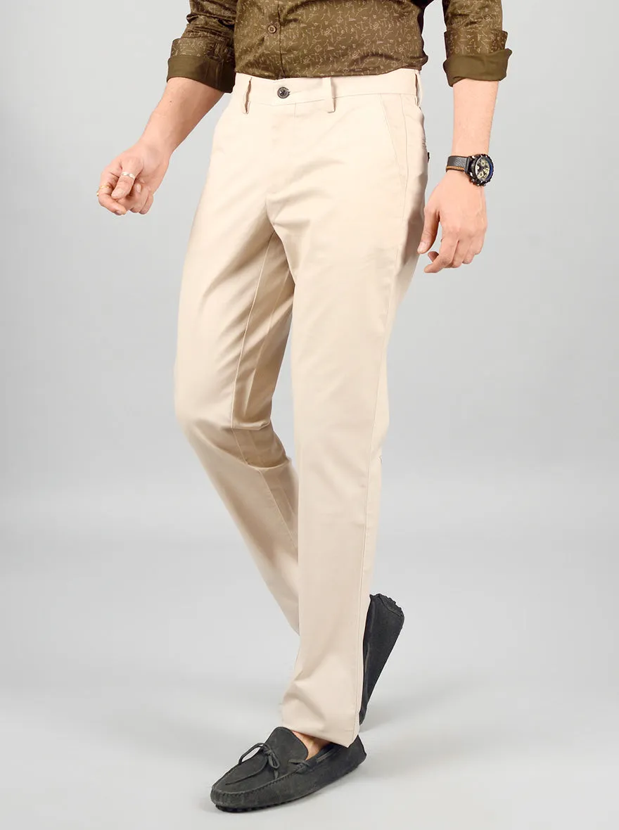 Beige Solid Slim Fit Casual Trouser | JadeBlue