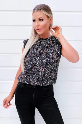 Black Floral Padded Shoulder Sleeveless Blouse