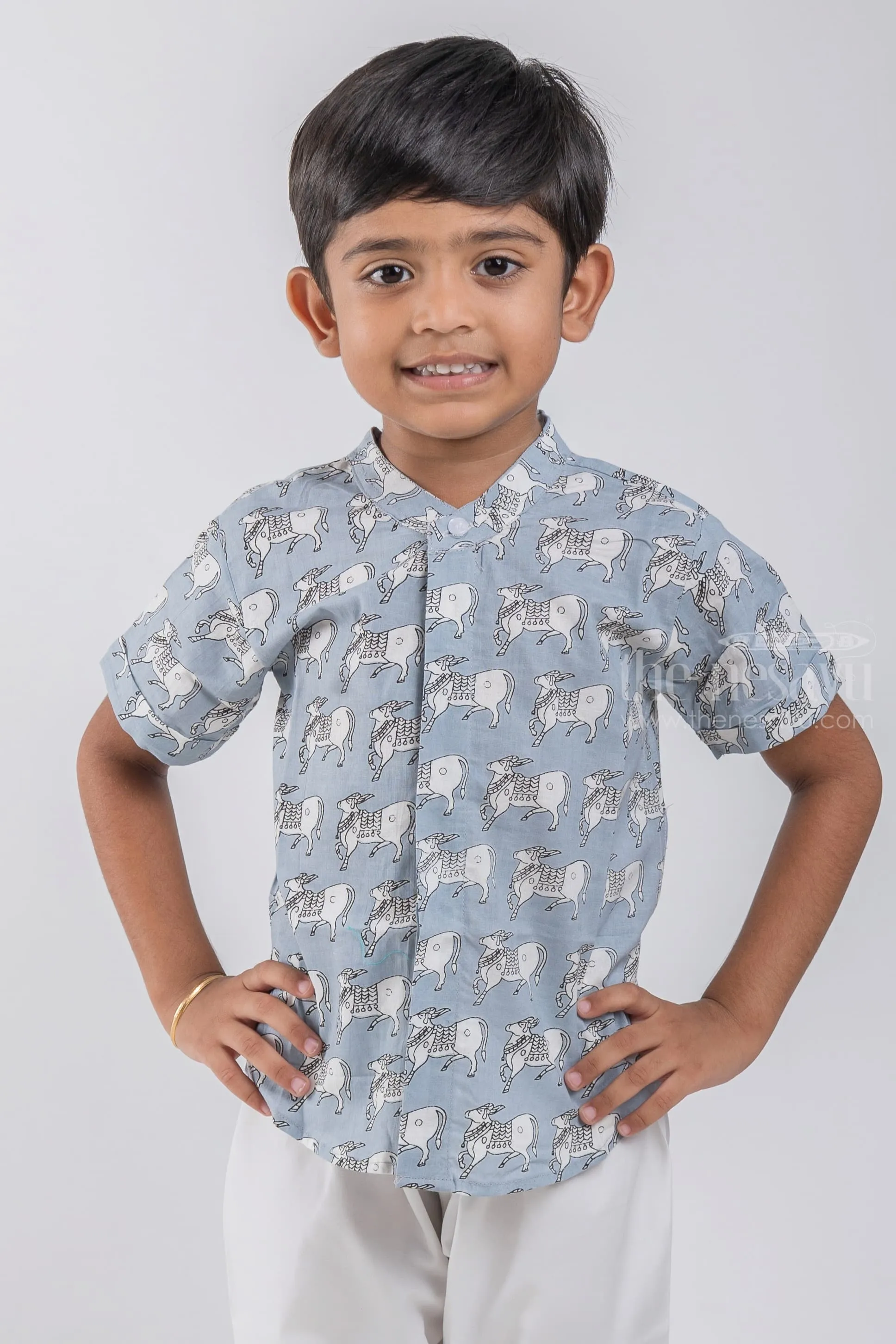 Boys Blue Pitchwai Cow Printed Casual Cotton Shirt by The Nesavu