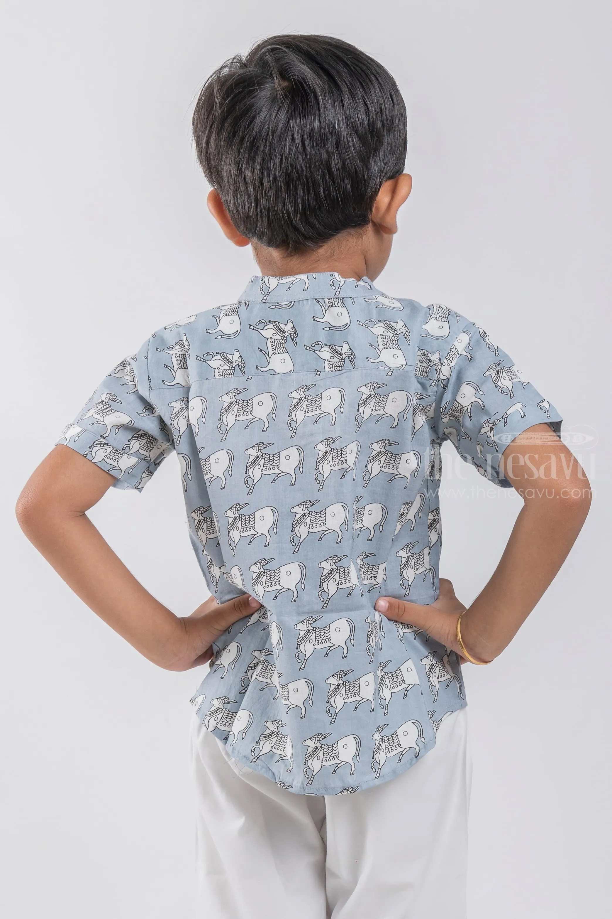 Boys Blue Pitchwai Cow Printed Casual Cotton Shirt by The Nesavu