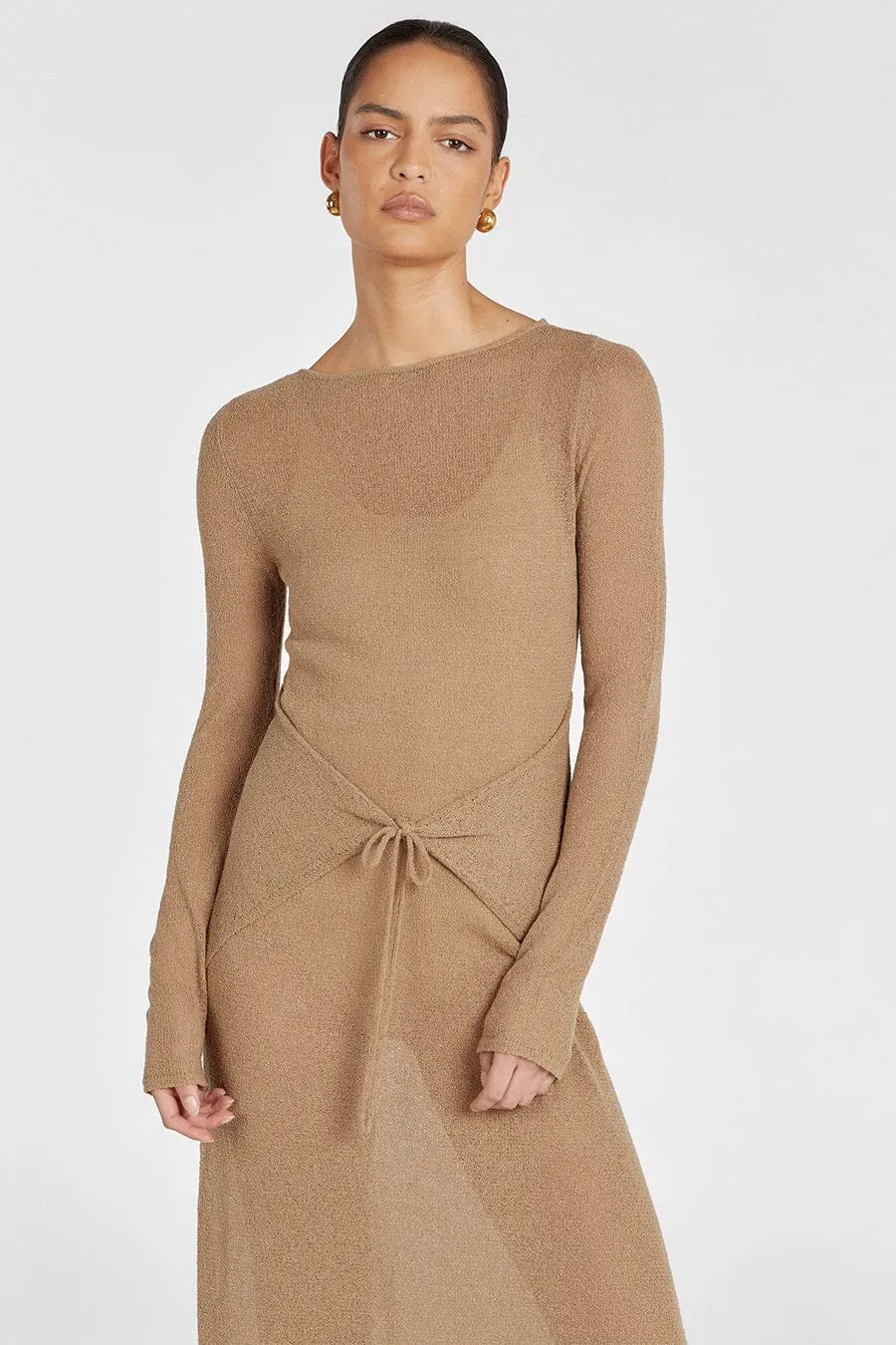 BREE KHAKI LONG SLEEVE TIE FRONT DRESS