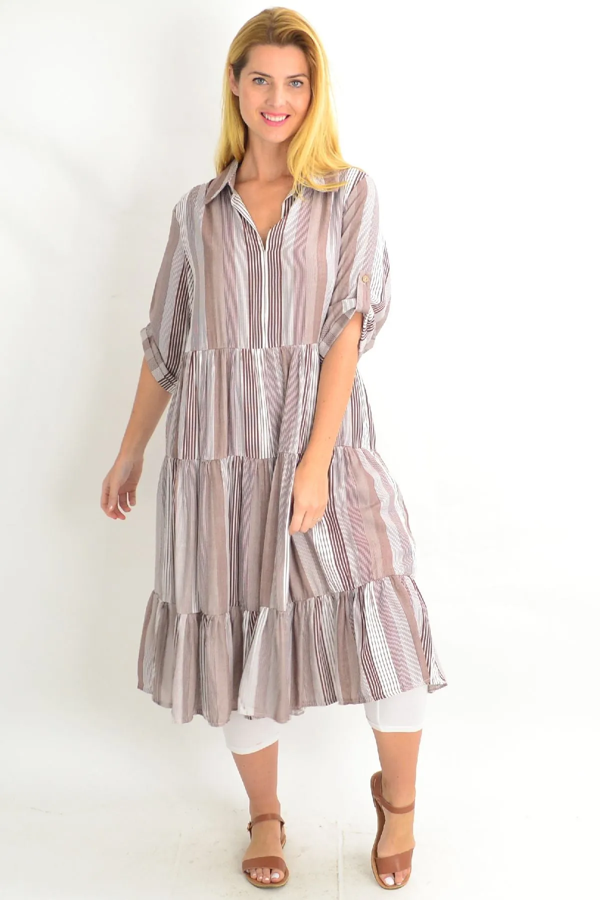 Brown Classic Strip Collar Tunic Dress