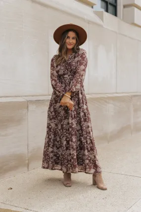 Brown Floral Long Sleeve Maxi Dress