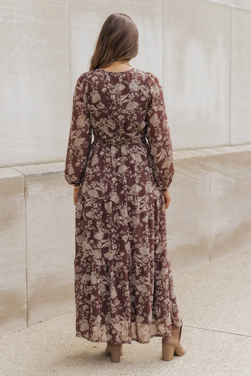 Brown Floral Long Sleeve Maxi Dress