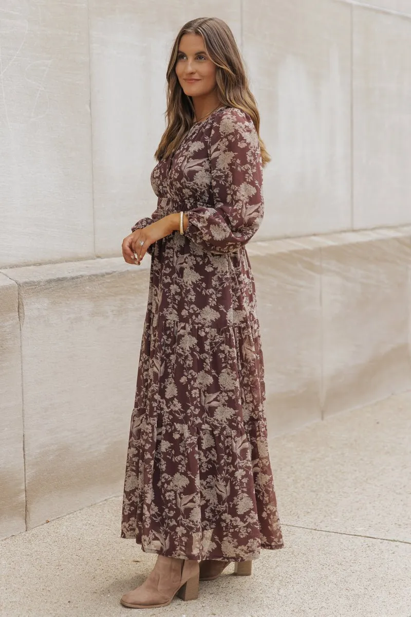 Brown Floral Long Sleeve Maxi Dress