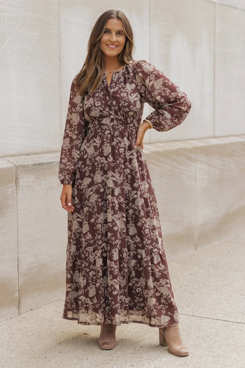 Brown Floral Long Sleeve Maxi Dress