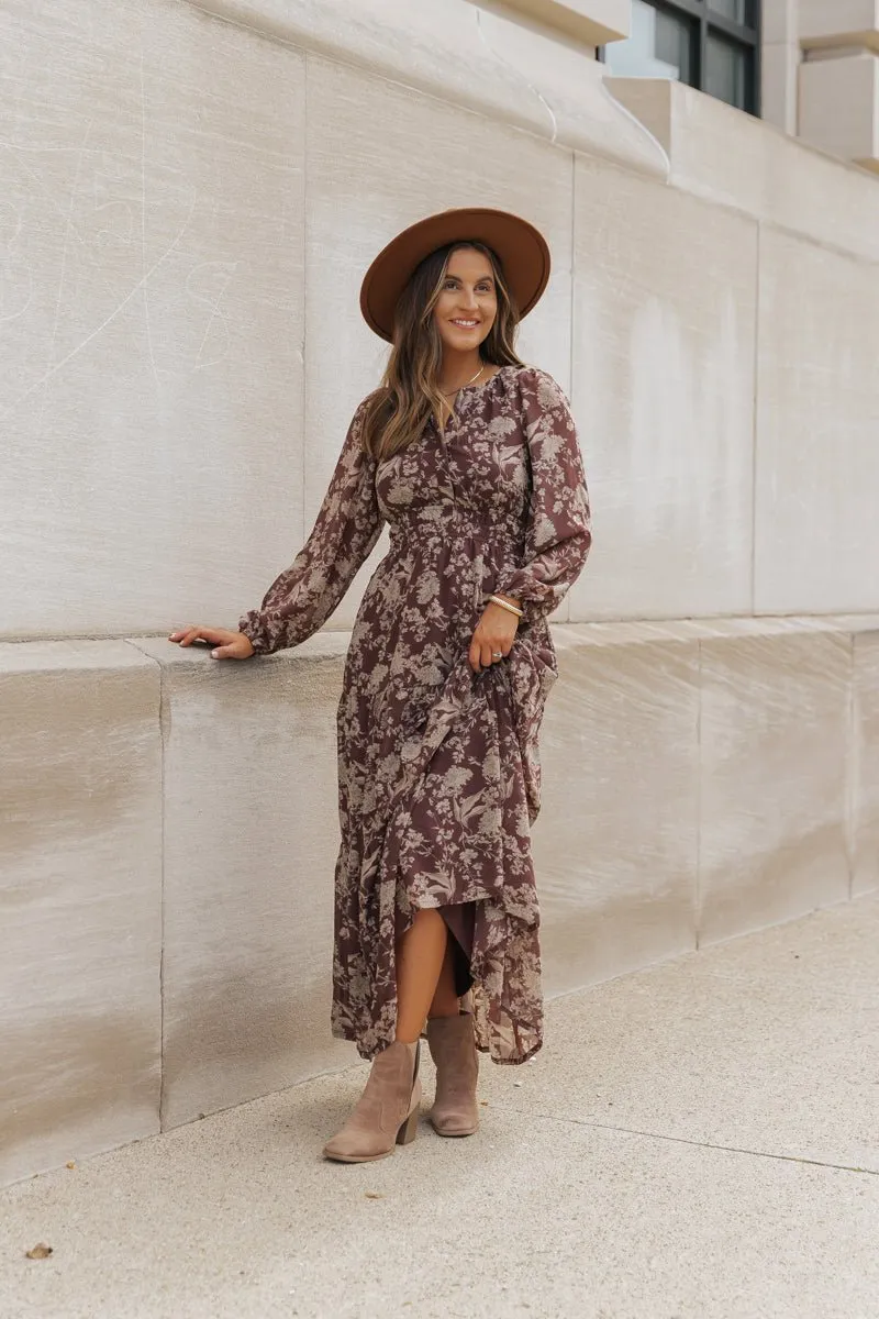 Brown Floral Long Sleeve Maxi Dress