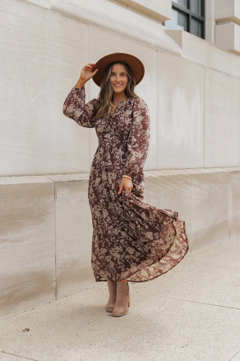 Brown Floral Long Sleeve Maxi Dress