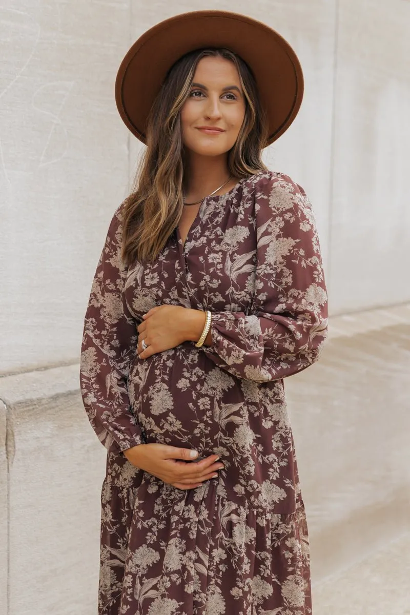 Brown Floral Long Sleeve Maxi Dress