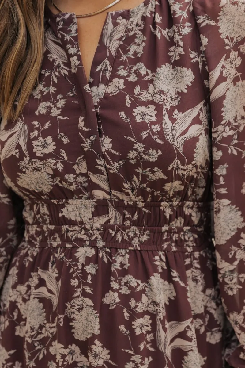 Brown Floral Long Sleeve Maxi Dress