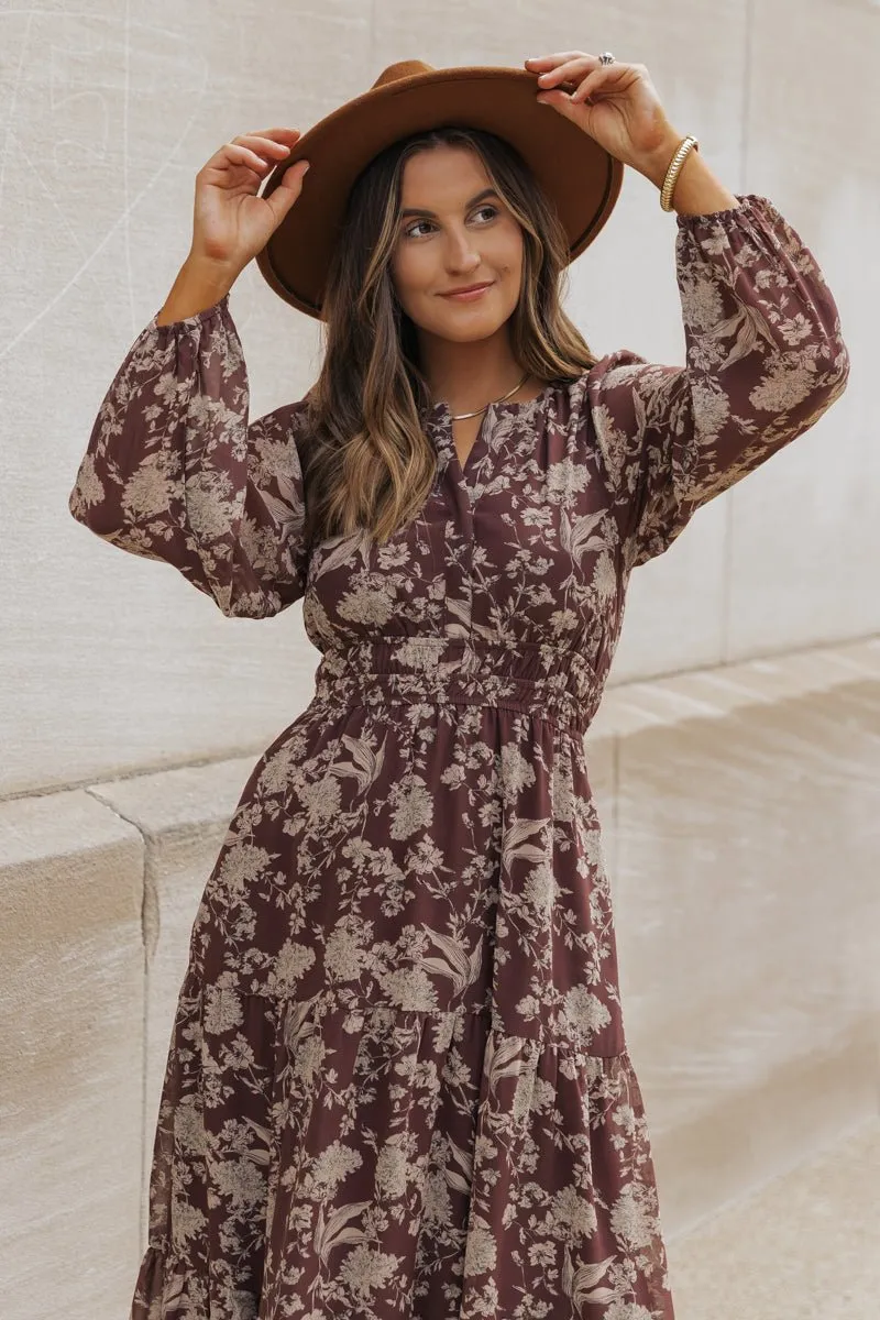 Brown Floral Long Sleeve Maxi Dress