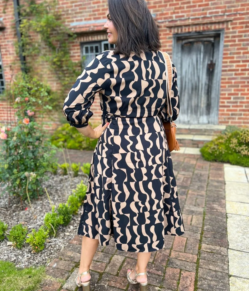 Brown Geo Print Midi Shirt Dress