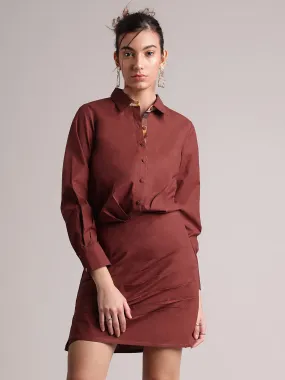 Brown Pure Cotton Solid Pleated Dress