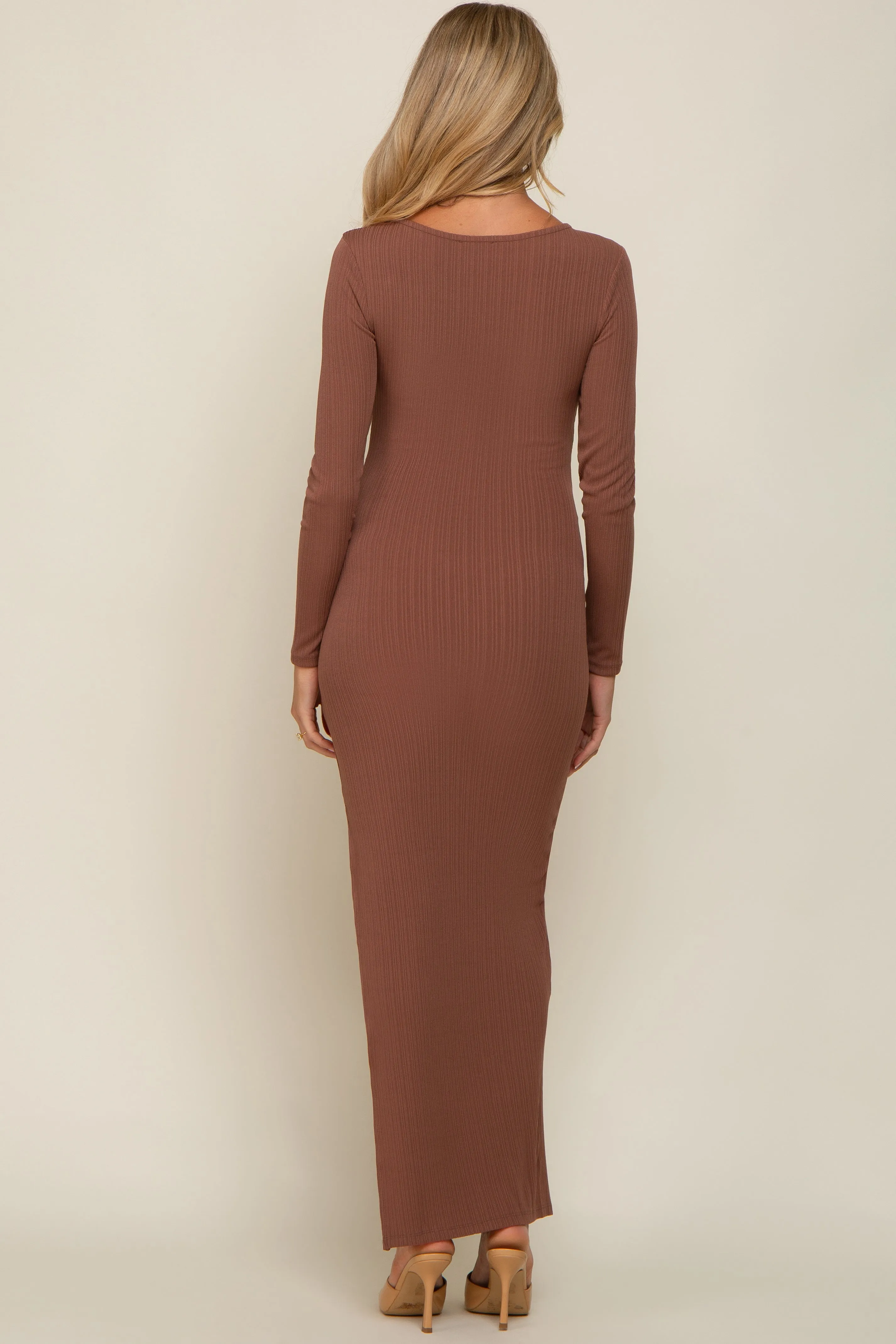 Brown Ribbed Long Sleeve Side Slit Maternity Maxi Dress