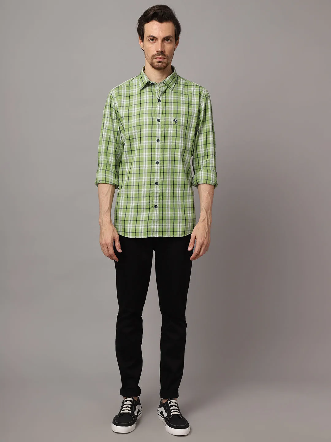 Cantabil Cotton Checkered Green Full Sleeve Casual Shirt for Men with Pocket