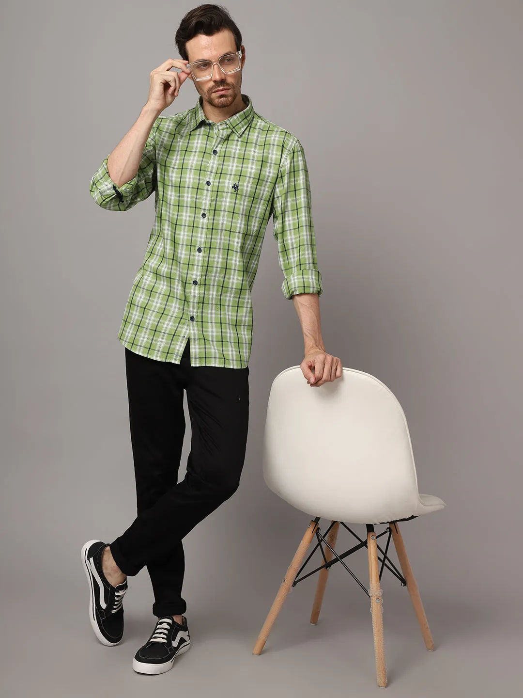 Cantabil Cotton Checkered Green Full Sleeve Casual Shirt for Men with Pocket