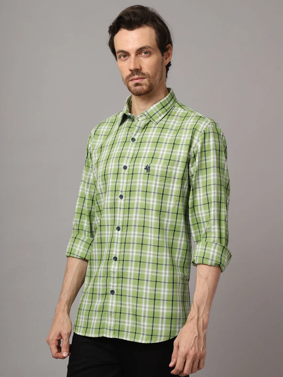 Cantabil Cotton Checkered Green Full Sleeve Casual Shirt for Men with Pocket