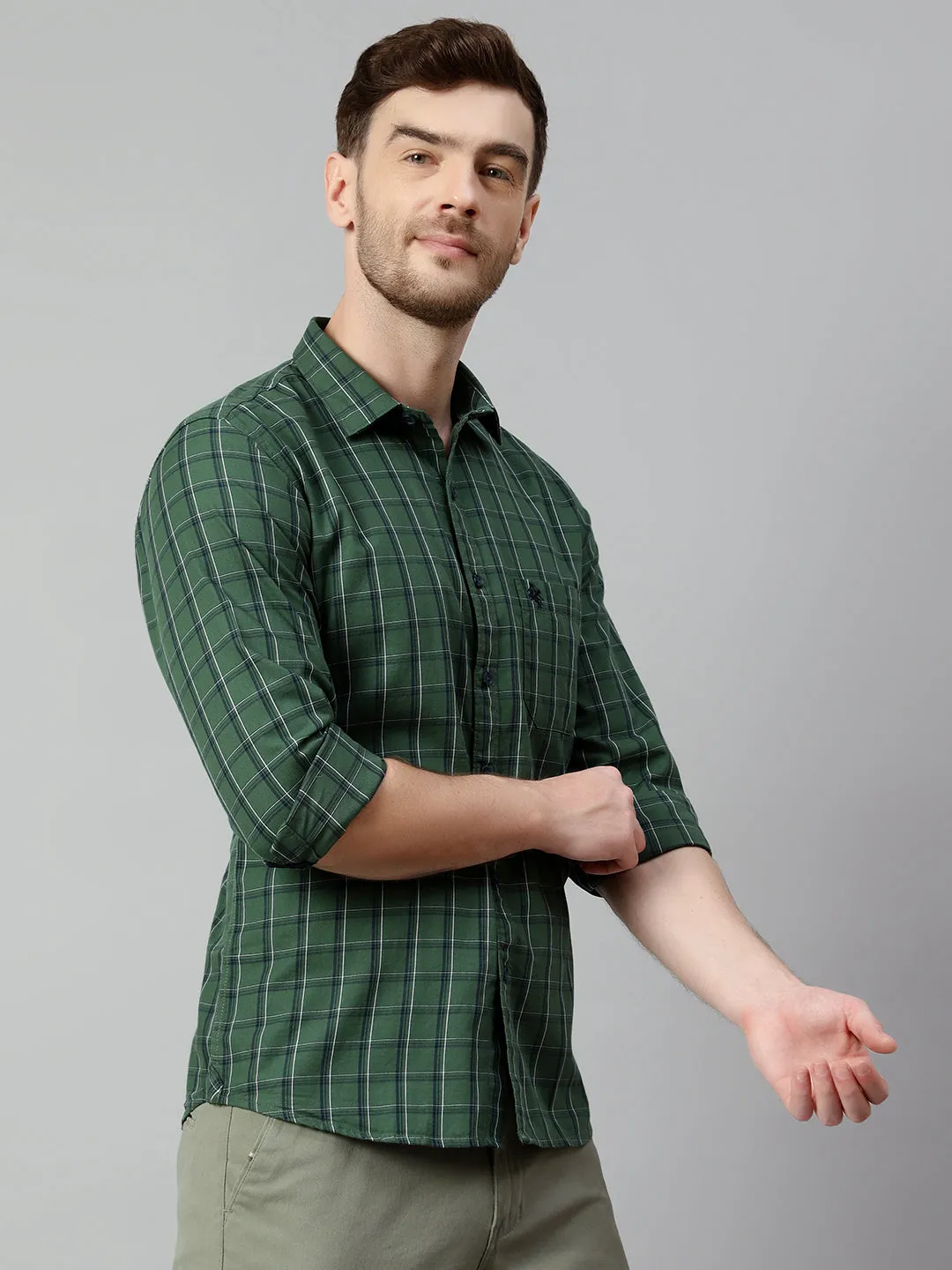 Cantabil Cotton Checkered Green Full Sleeve Casual Shirt for Men with Pocket