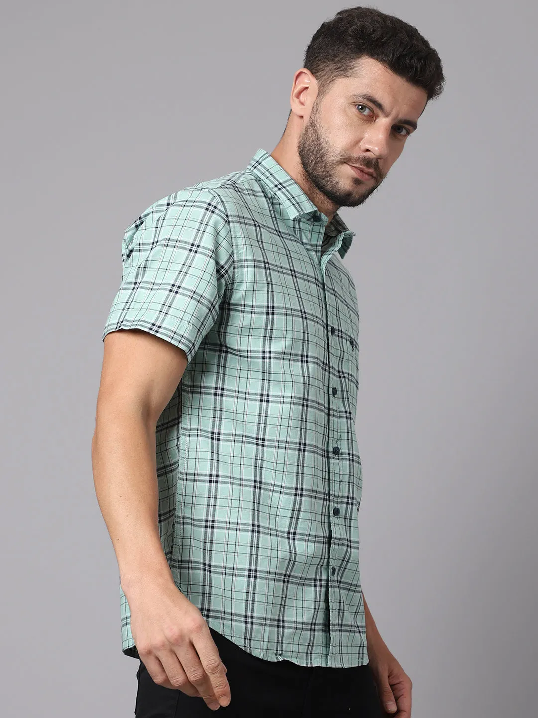 Cantabil Cotton Checkered Green Half Sleeve Casual Shirt for Men with Pocket