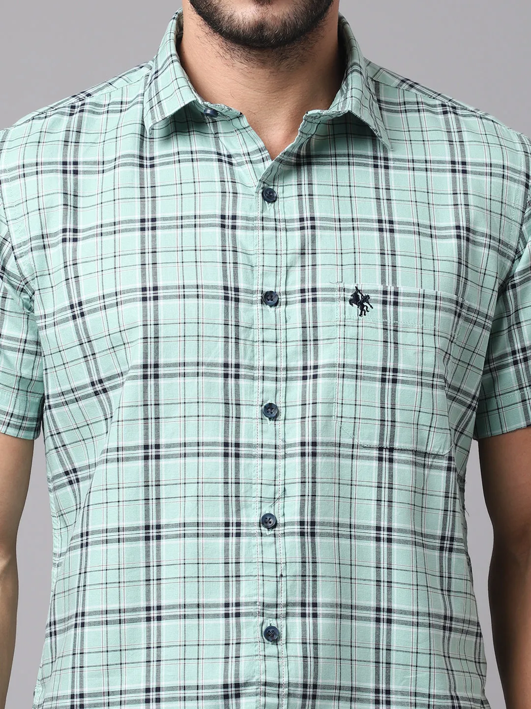 Cantabil Cotton Checkered Green Half Sleeve Casual Shirt for Men with Pocket