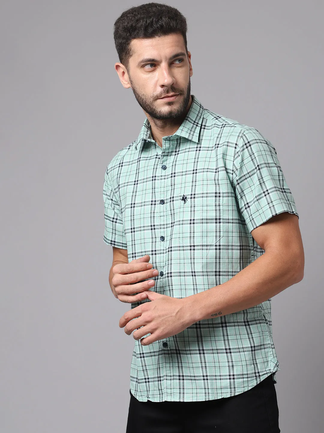 Cantabil Cotton Checkered Green Half Sleeve Casual Shirt for Men with Pocket