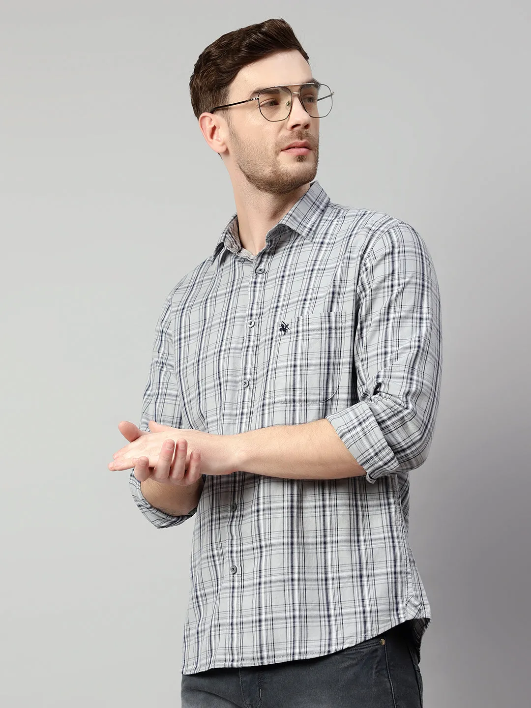 Cantabil Cotton Checkered Grey Full Sleeve Casual Shirt for Men with Pocket