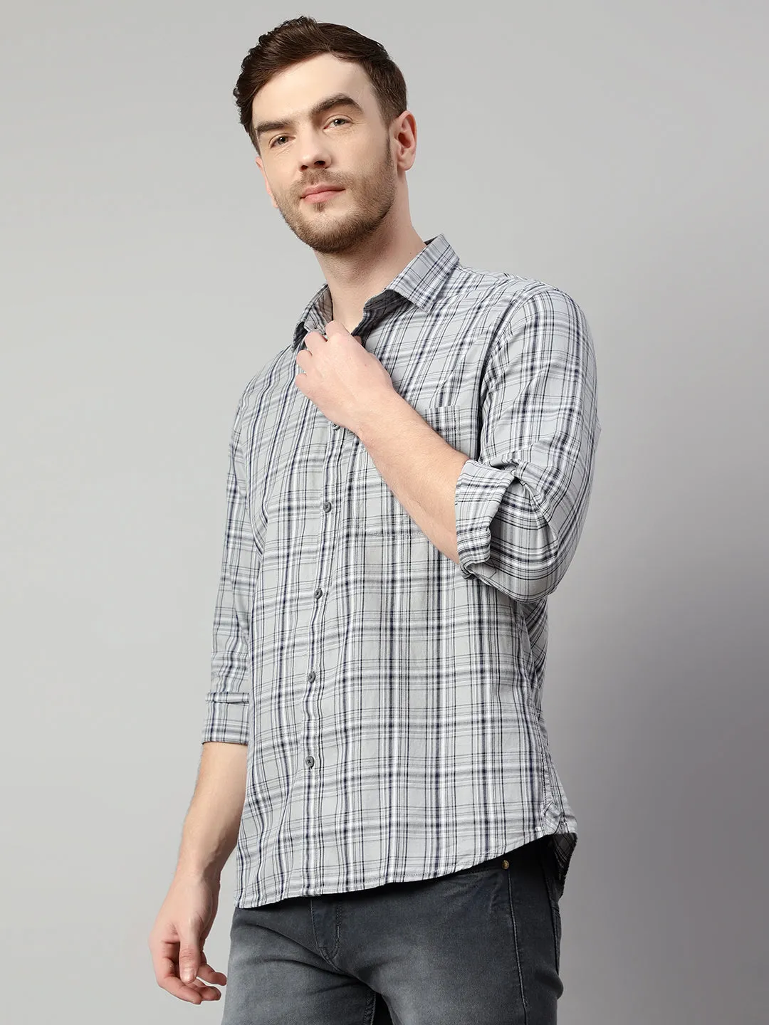 Cantabil Cotton Checkered Grey Full Sleeve Casual Shirt for Men with Pocket