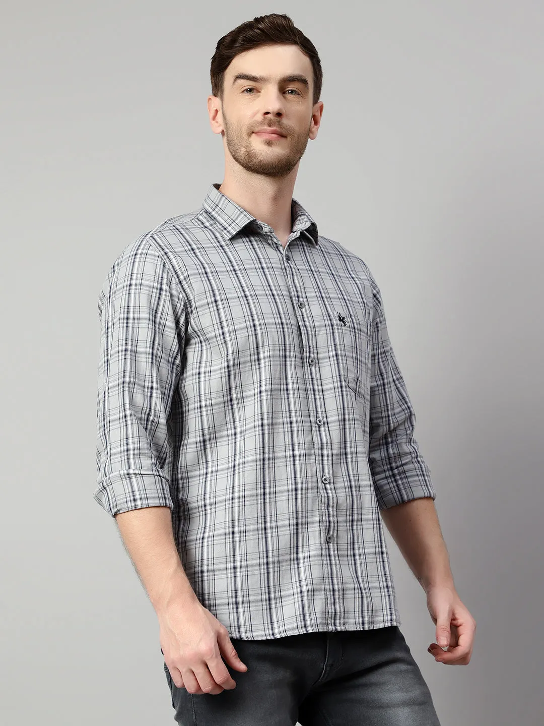 Cantabil Cotton Checkered Grey Full Sleeve Casual Shirt for Men with Pocket