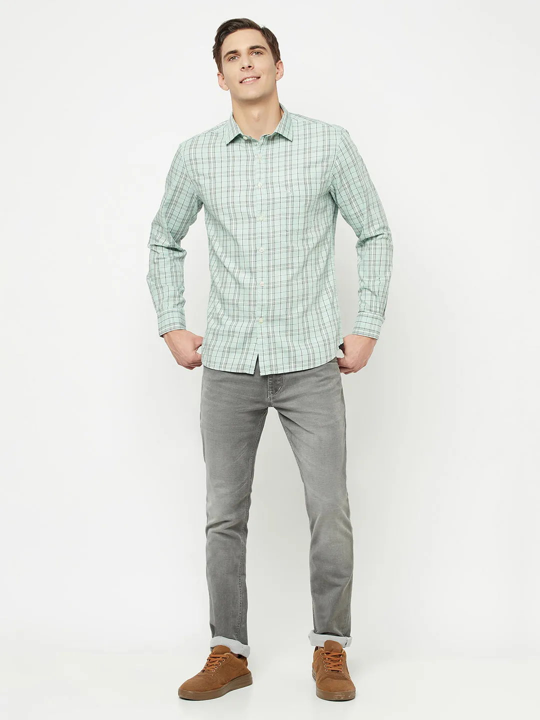 Cantabil Cotton Checkered Light Green Full Sleeve Casual Shirt for Men with Pocket