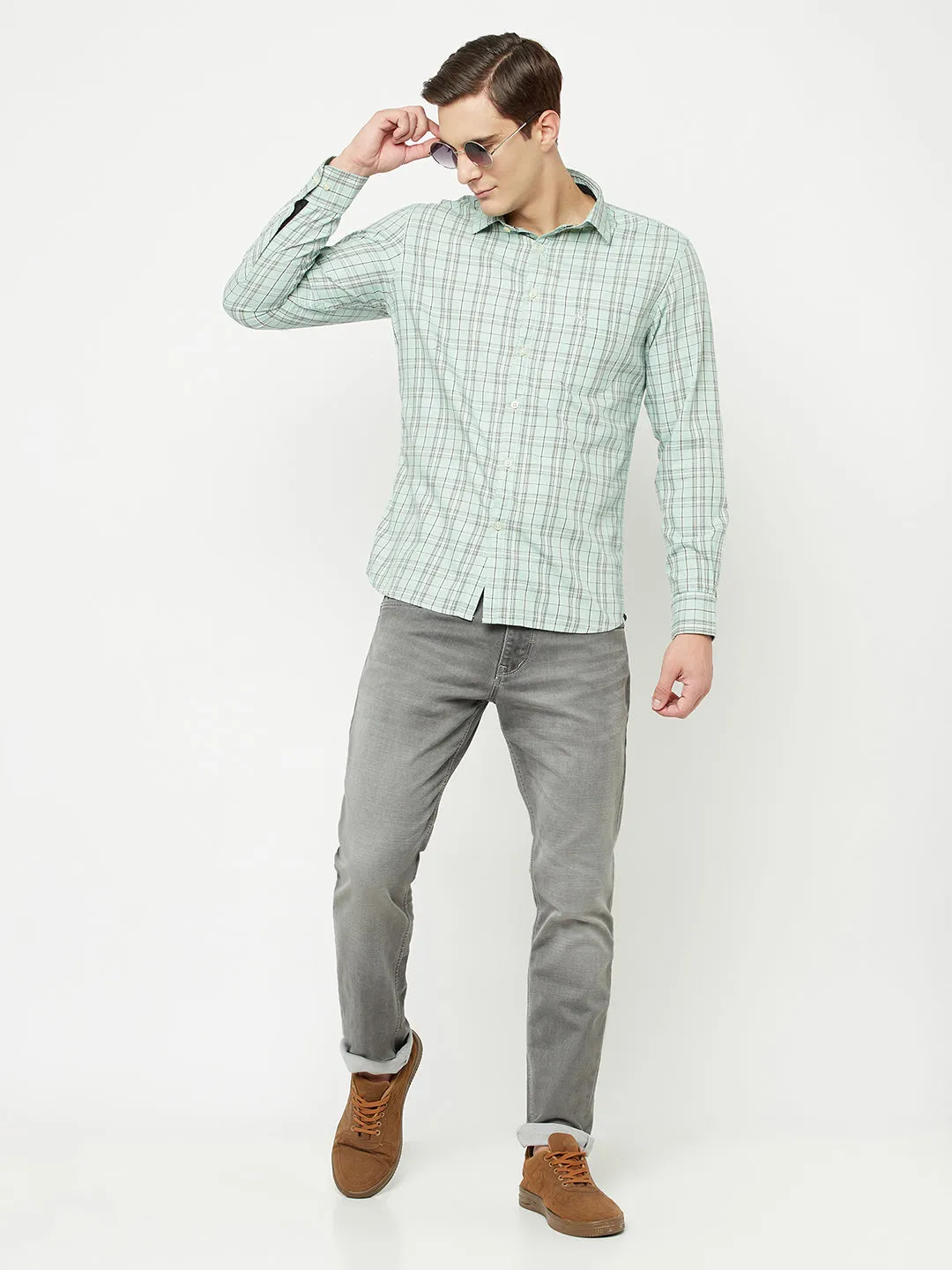 Cantabil Cotton Checkered Light Green Full Sleeve Casual Shirt for Men with Pocket