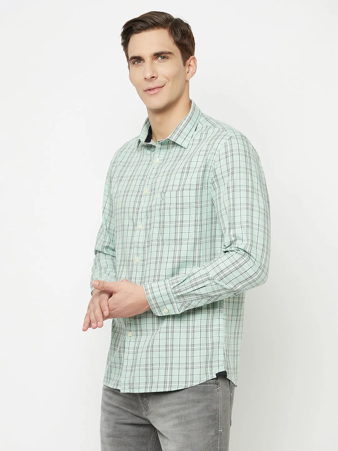 Cantabil Cotton Checkered Light Green Full Sleeve Casual Shirt for Men with Pocket