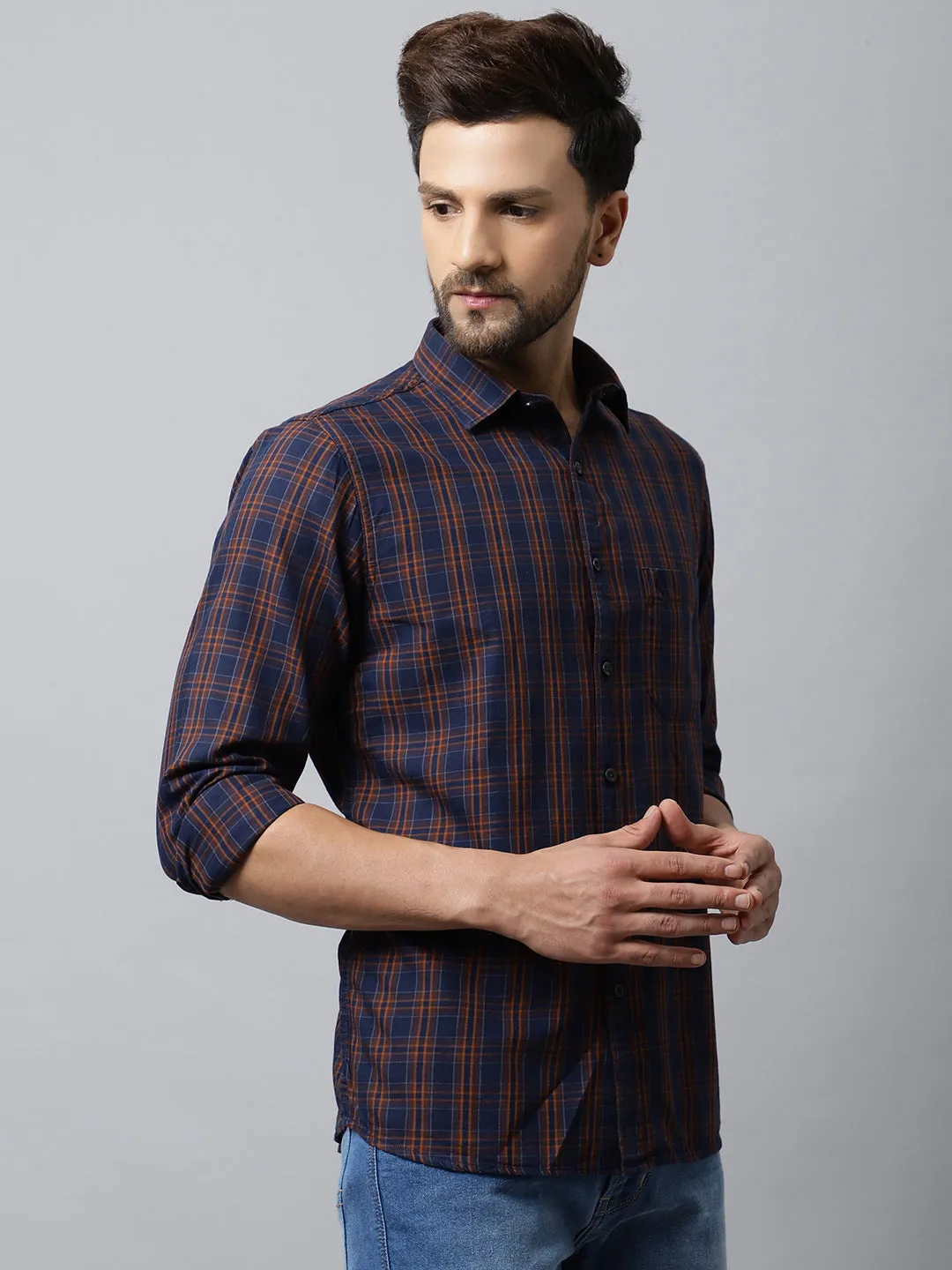 Cantabil Cotton Checkered Mustard Full Sleeve Casual Shirt for Men with Pocket