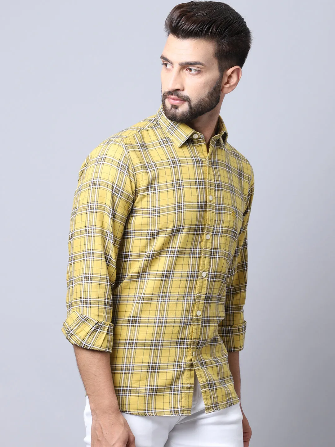 Cantabil Cotton Checkered Mustard Full Sleeve Casual Shirt for Men with Pocket