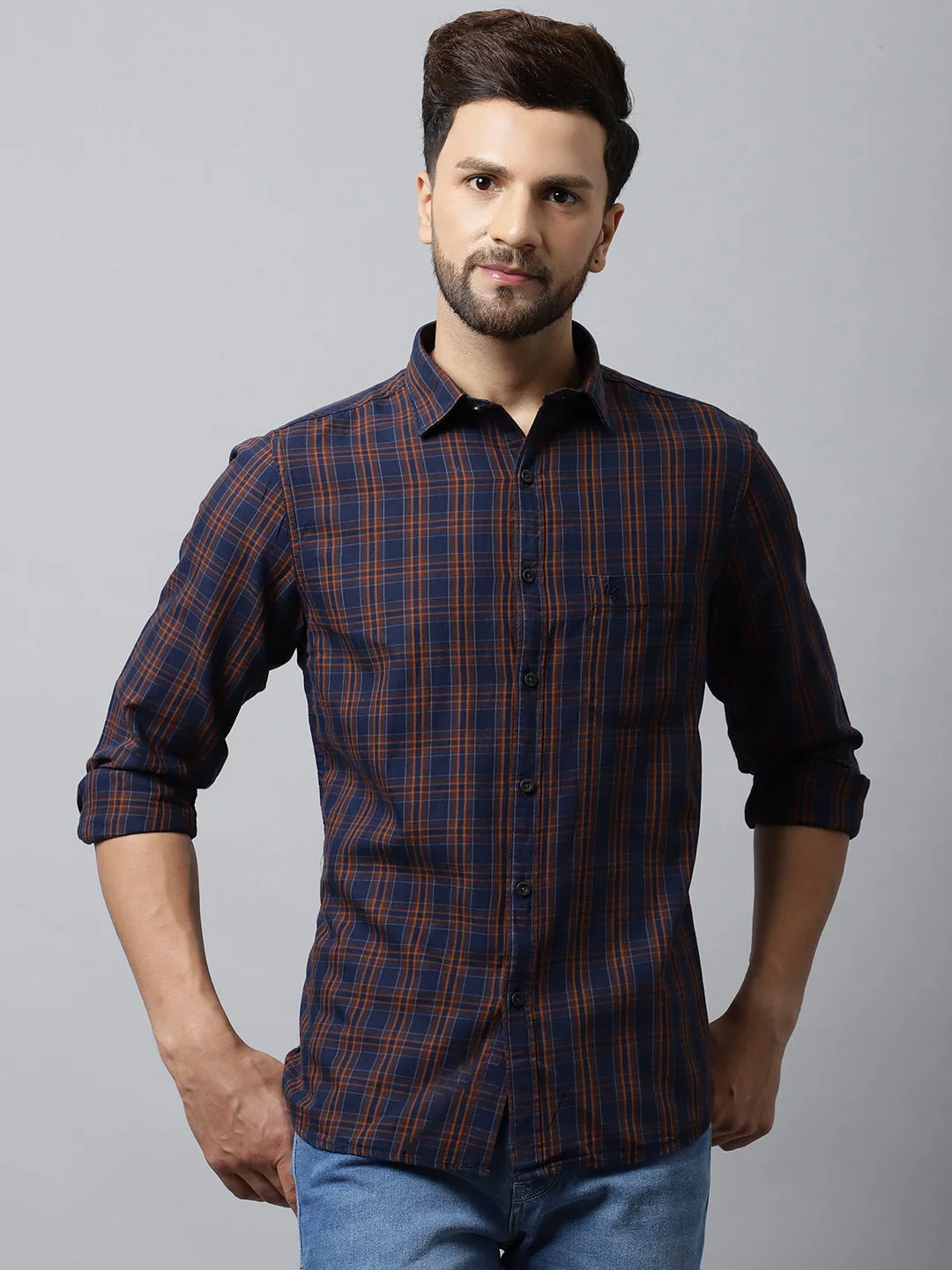 Cantabil Cotton Checkered Mustard Full Sleeve Casual Shirt for Men with Pocket